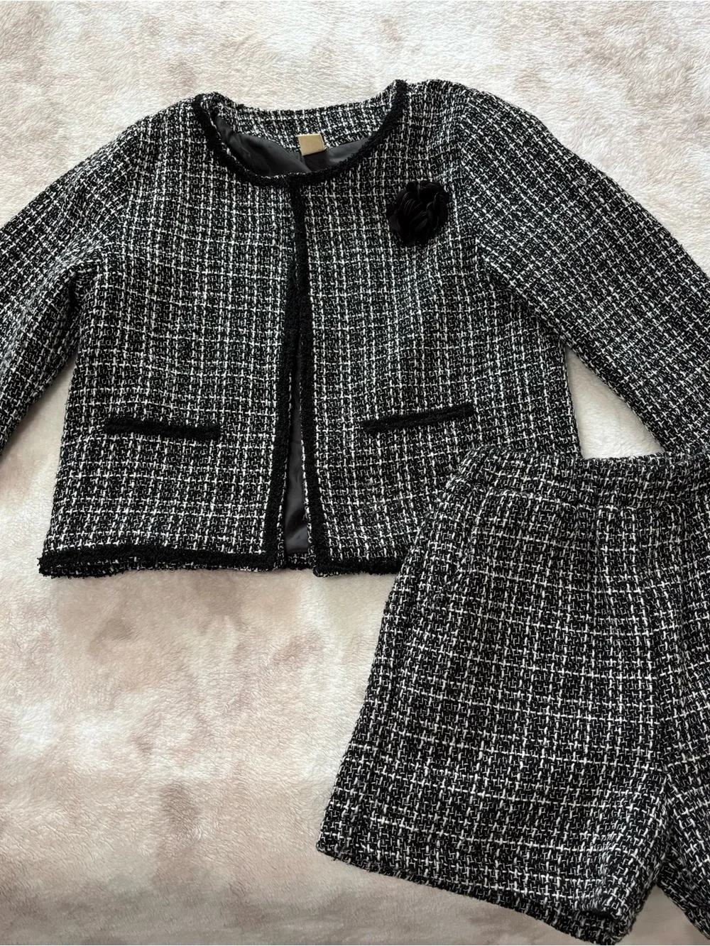 Girls Black & White Tweed Jacket and Shorts Set - Classic Two-Piece Pajama Set